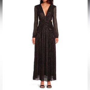Gianni Bini Hazel Metallic Chiffon V-Neck Long Sleeve Cut Out Dress